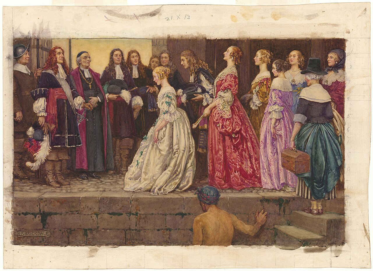 A watercolour of young women in silk gowns stepping off a quay, one curtsying before a group of officials in wigs and a bishop