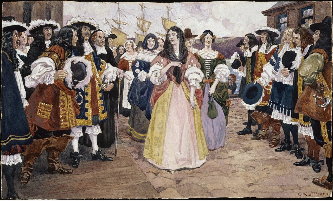 A watercolour of a young woman in a pink gown walking up a quay between two lines of men in plumed hats and lace, with ships behind