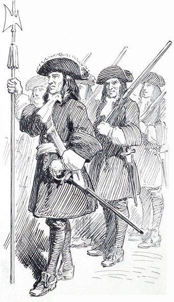 A pen drawing of an officer with a sword and a halberd leading a file of soldiers carrying muskets