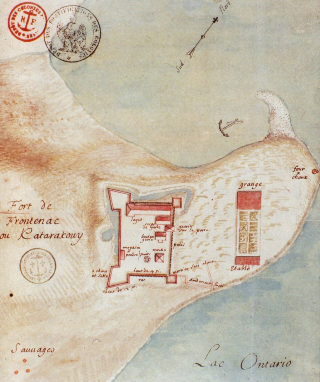 A hand-coloured plan of a square stone fort with corner bastions on a point of land in Lake Ontario, with a barn and stable beside it