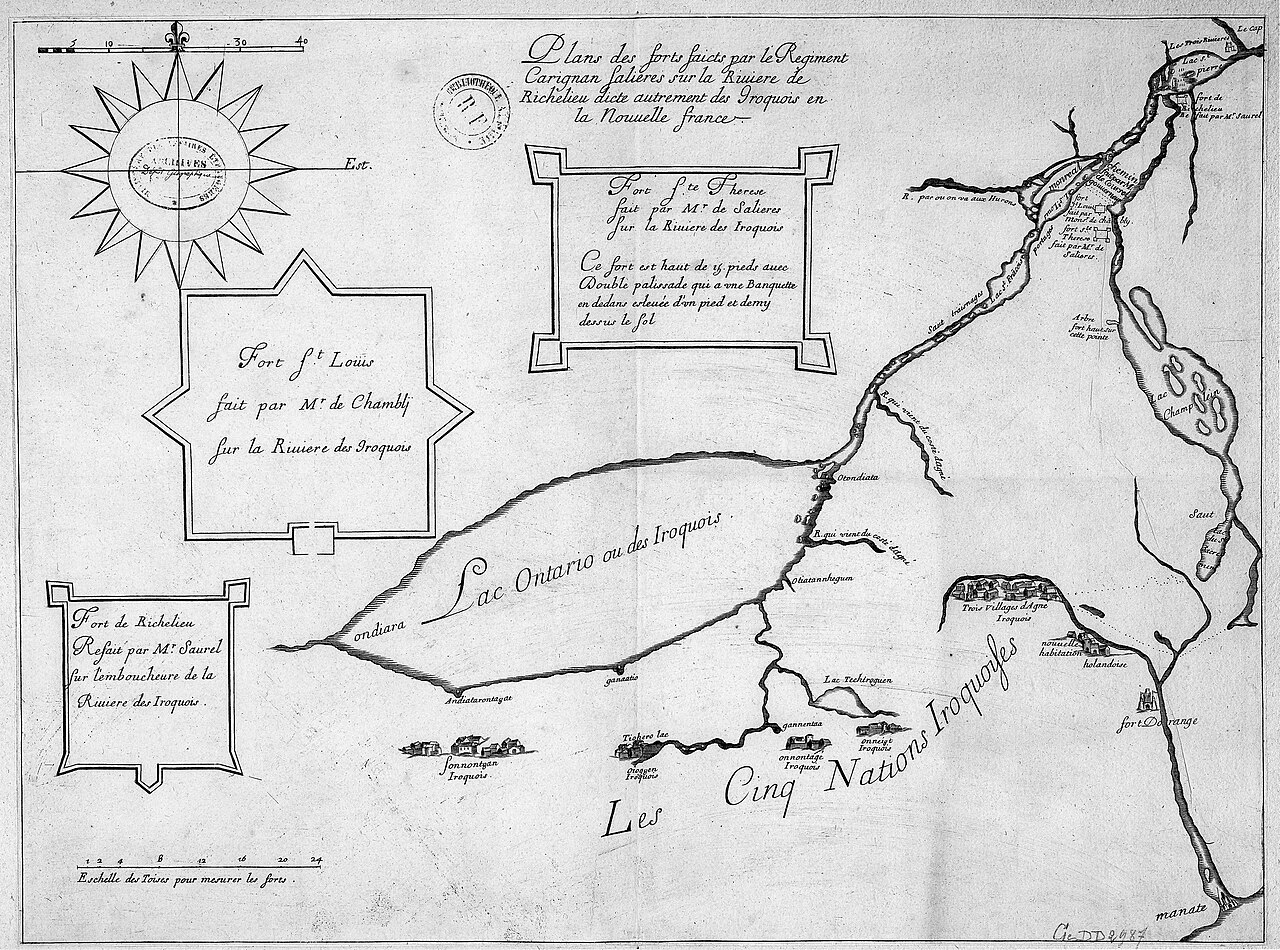An engraved map of the Richelieu River, Lake Champlain and Lake Ontario, with plans of three forts and the villages of the Five Nations of the Iroquois